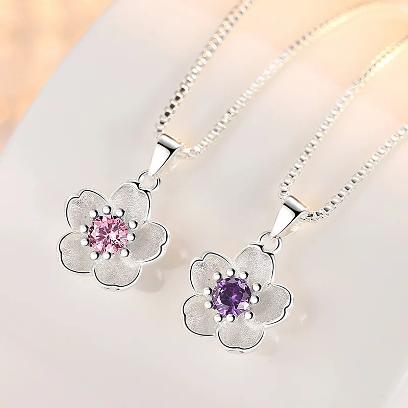 925 Sterling Silver Pink Purple Peach Blossom Necklaces For Women Retro Luxury Jewelry Accessories Freeshiping Items Jewellery - Fabs things