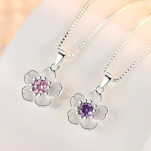 925 Sterling Silver Pink Purple Peach Blossom Necklaces For Women Retro Luxury Jewelry Accessories Freeshiping Items Jewellery - Fabs things