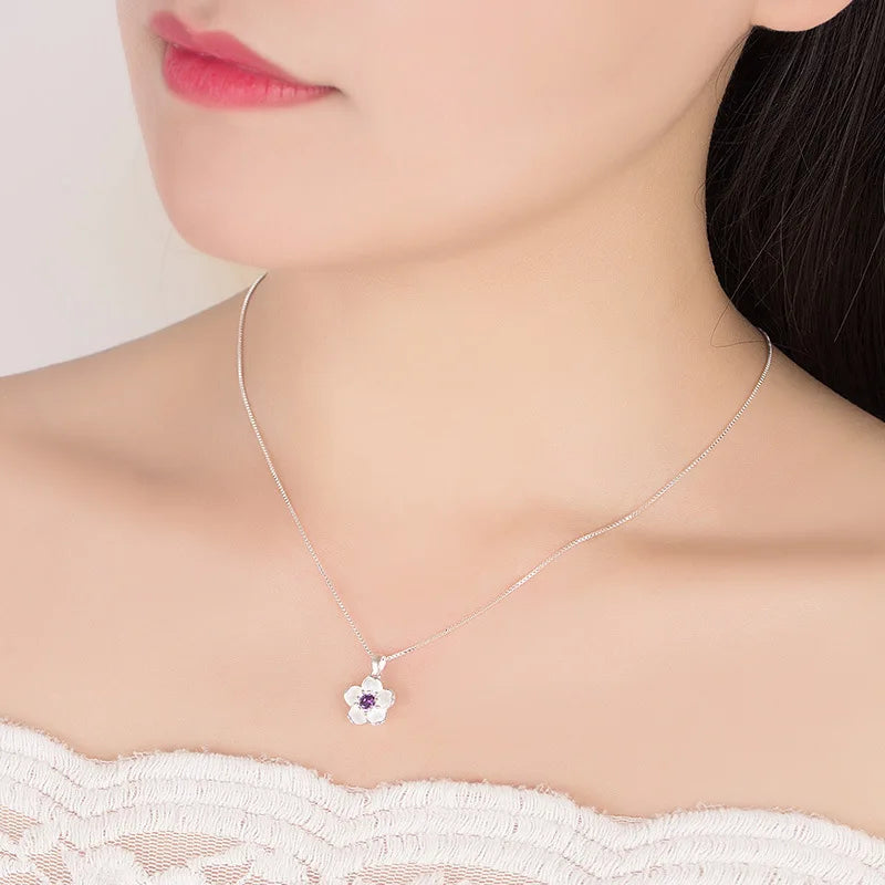 925 Sterling Silver Pink Purple Peach Blossom Necklaces For Women Retro Luxury Jewelry Accessories Freeshiping Items Jewellery - Fabs things