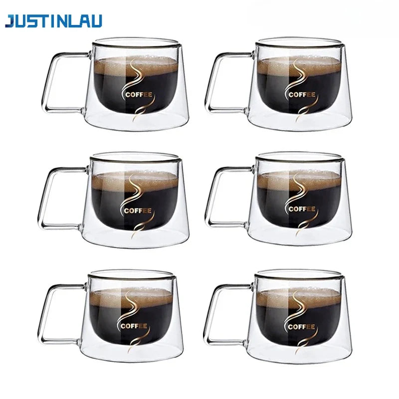 JUSTINLAU 200ML Espresso Cup Heat-resistant Double Wall Glass Coffee Mug with Handle Cappuccino Latte Breakfast Tea Water Cups - Fabs things