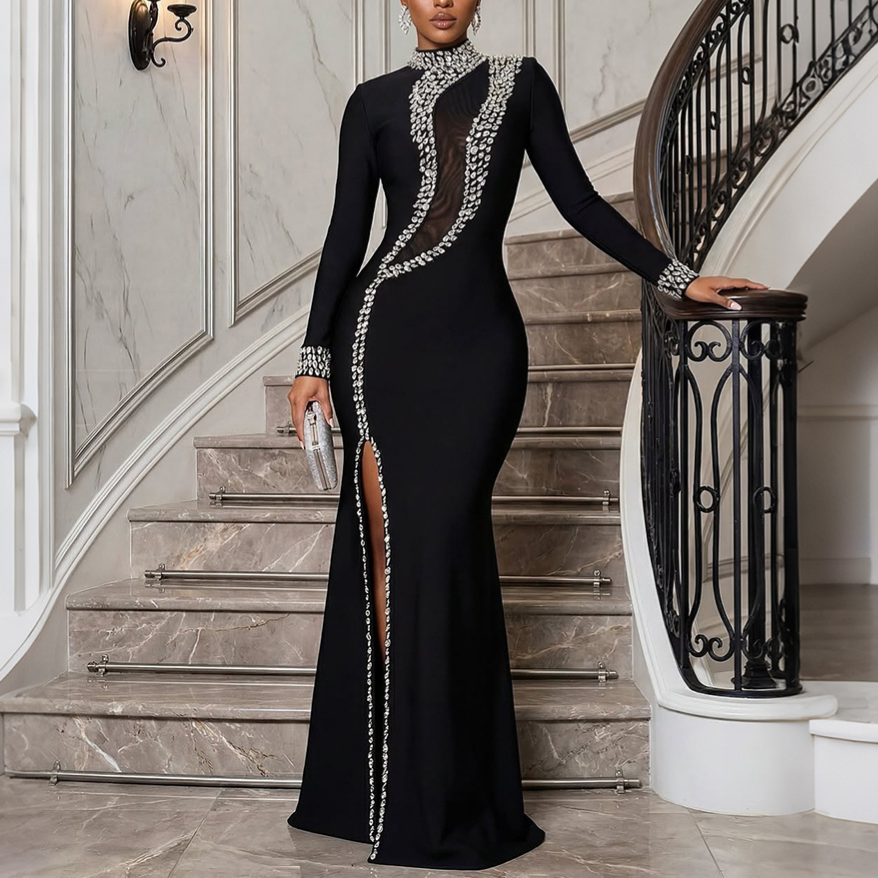 Women Clothing High Collar Long-Sleeved Dress Split Rhinestone Dress - Fabs things
