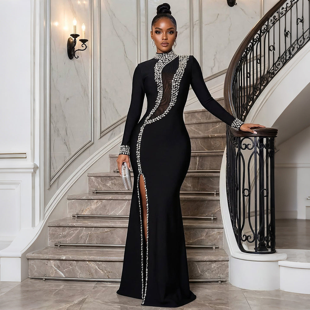 Women Clothing High Collar Long-Sleeved Dress Split Rhinestone Dress - Fabs things