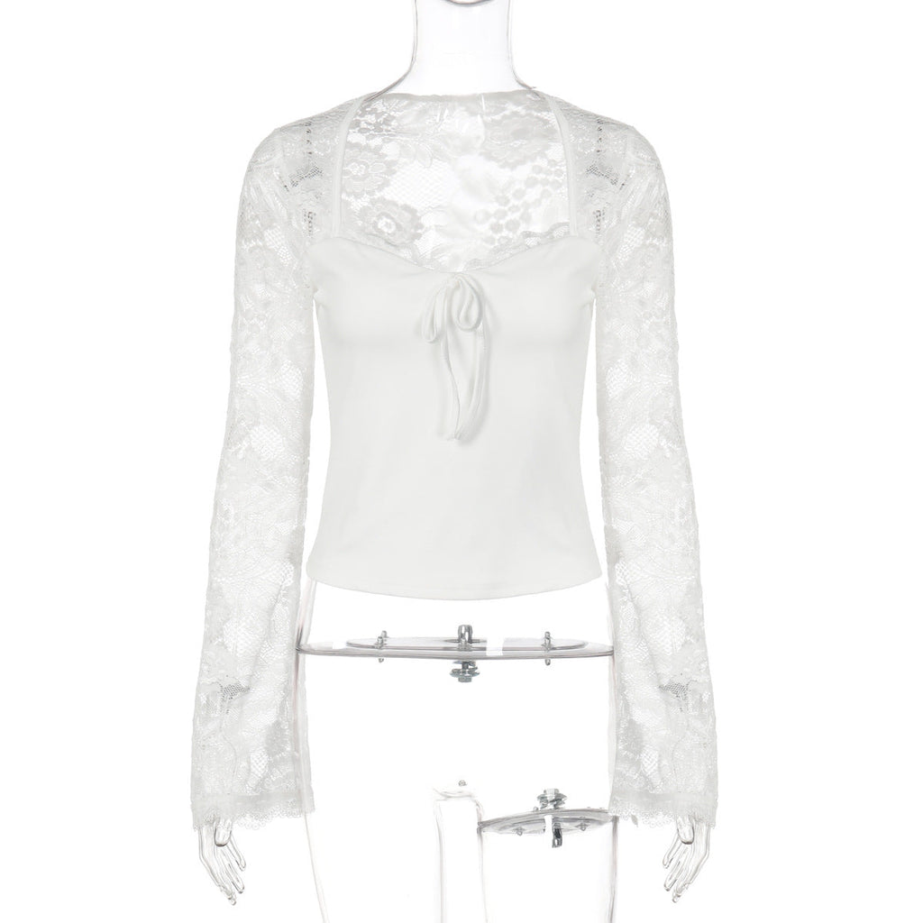 Women Clothing Autumn Winter Sexy Lace Stitching See through Lace up Long Sleeve Tops - Fabs things