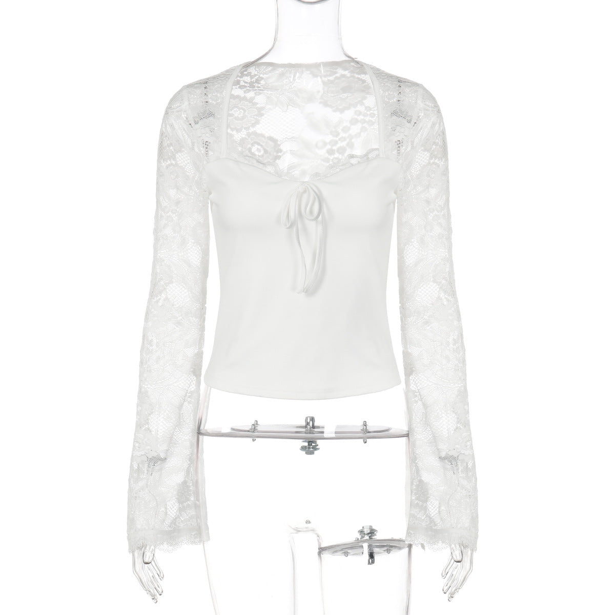 Women Clothing Autumn Winter Sexy Lace Stitching See through Lace up Long Sleeve Tops - Fabs things