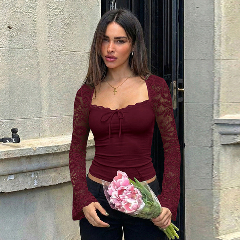 Women Clothing Autumn Winter Sexy Lace Stitching See through Lace up Long Sleeve Tops - Fabs things