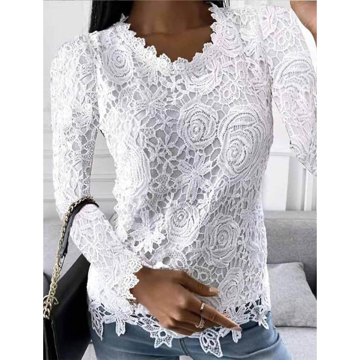 Women's Floral Lace Long Sleeve Blouse Shirt - Fabs things