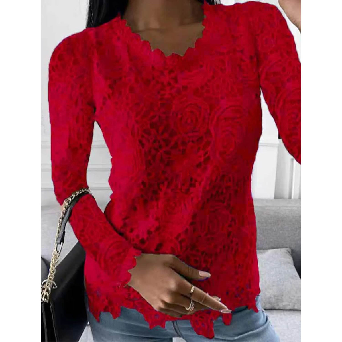 Women's Floral Lace Long Sleeve Blouse Shirt - Fabs things