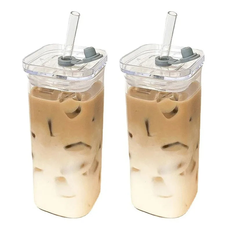 1Pcs Square Heat Resistant Coffee Glass Cup With Lid and Straw Transparent Milk Tea Juice Cups Coffee Mug For Home Bar Drinkware - Fabs things