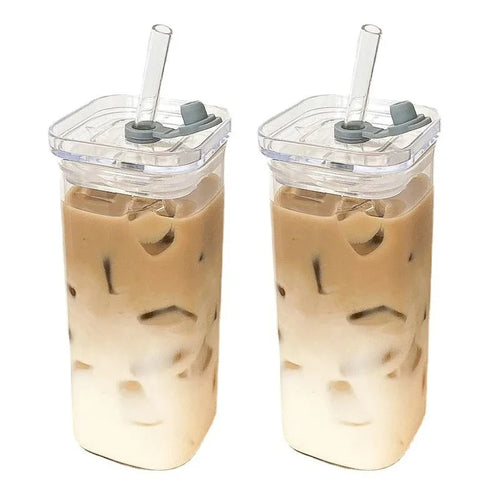 1Pcs Square Heat Resistant Coffee Glass Cup With Lid and Straw Transparent Milk Tea Juice Cups Coffee Mug For Home Bar Drinkware - Fabs things