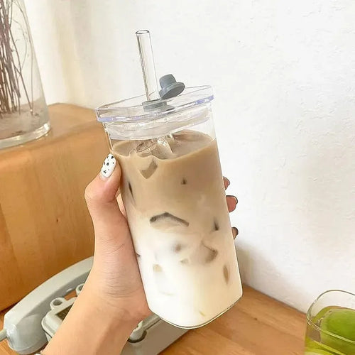 1Pcs Square Heat Resistant Coffee Glass Cup With Lid and Straw Transparent Milk Tea Juice Cups Coffee Mug For Home Bar Drinkware - Fabs things