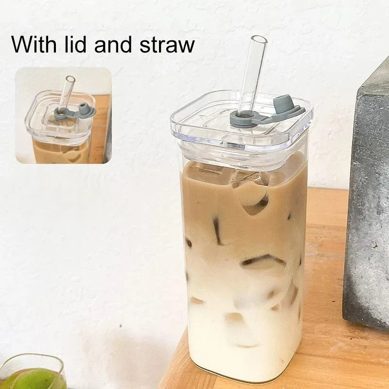 1Pcs Square Heat Resistant Coffee Glass Cup With Lid and Straw Transparent Milk Tea Juice Cups Coffee Mug For Home Bar Drinkware - Fabs things