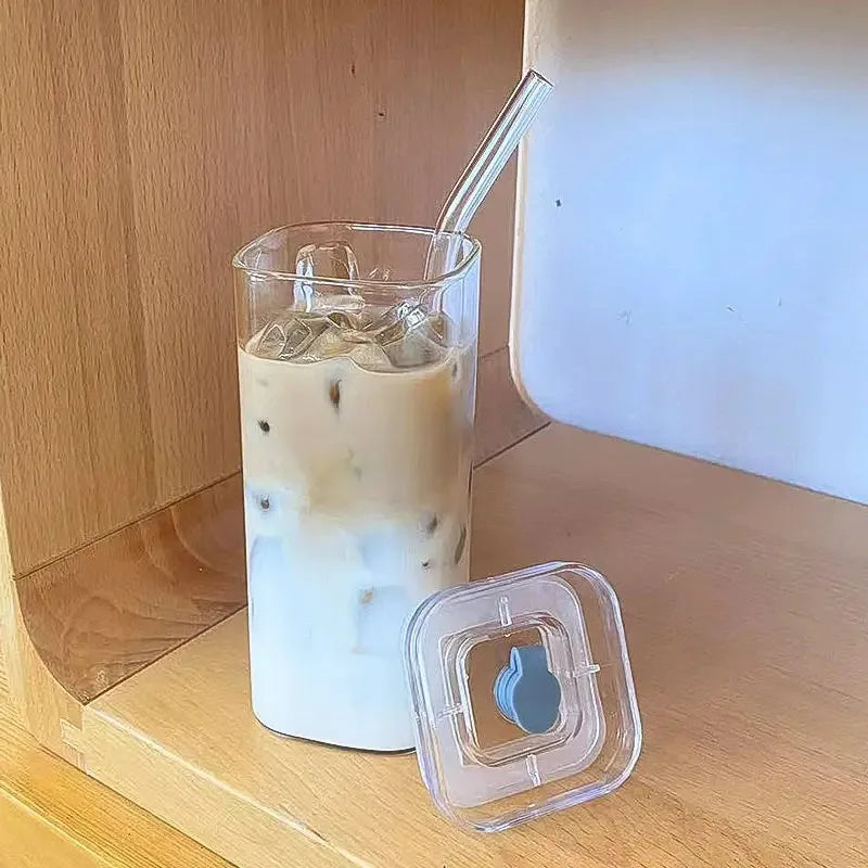 1Pcs Square Heat Resistant Coffee Glass Cup With Lid and Straw Transparent Milk Tea Juice Cups Coffee Mug For Home Bar Drinkware - Fabs things