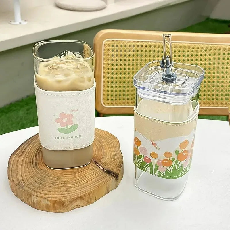1Pcs Square Heat Resistant Coffee Glass Cup With Lid and Straw Transparent Milk Tea Juice Cups Coffee Mug For Home Bar Drinkware - Fabs things