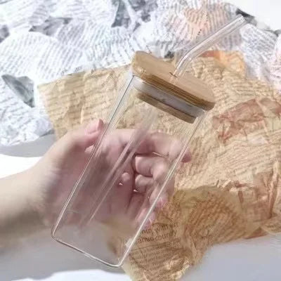 1Pcs Square Heat Resistant Coffee Glass Cup With Lid and Straw Transparent Milk Tea Juice Cups Coffee Mug For Home Bar Drinkware - Fabs things