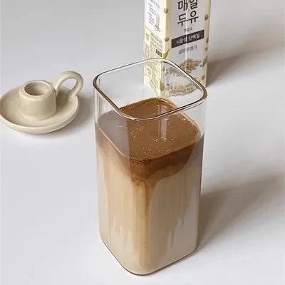 1Pcs Square Heat Resistant Coffee Glass Cup With Lid and Straw Transparent Milk Tea Juice Cups Coffee Mug For Home Bar Drinkware - Fabs things